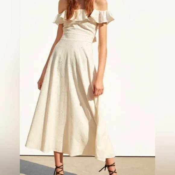 Zara off the shoulder white embroidered long dress